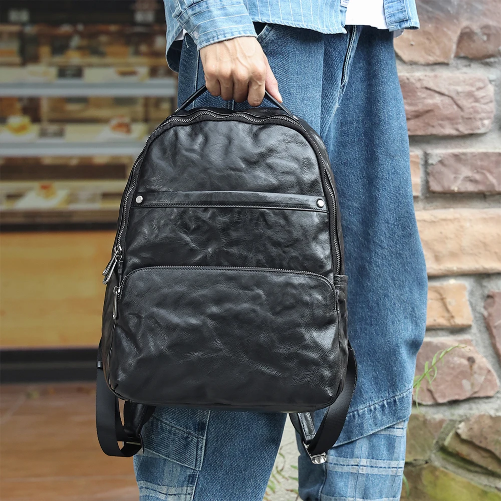 Genuine leather business trendy brand backpack for men's 15.6-inch computer bag cowhide outdoor leisure travel male backpack