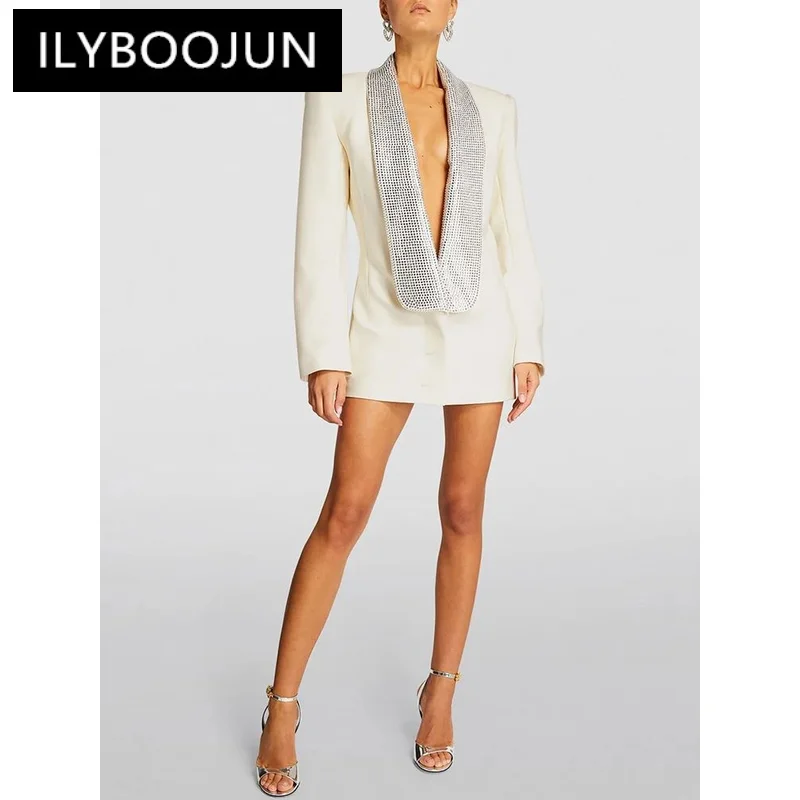 

ILYBOOJUN Runway Winter New Sexy Long Sleeve Crystal Diamonds Backless Blazer High Street Celebrity Designer Office Lady Jacket