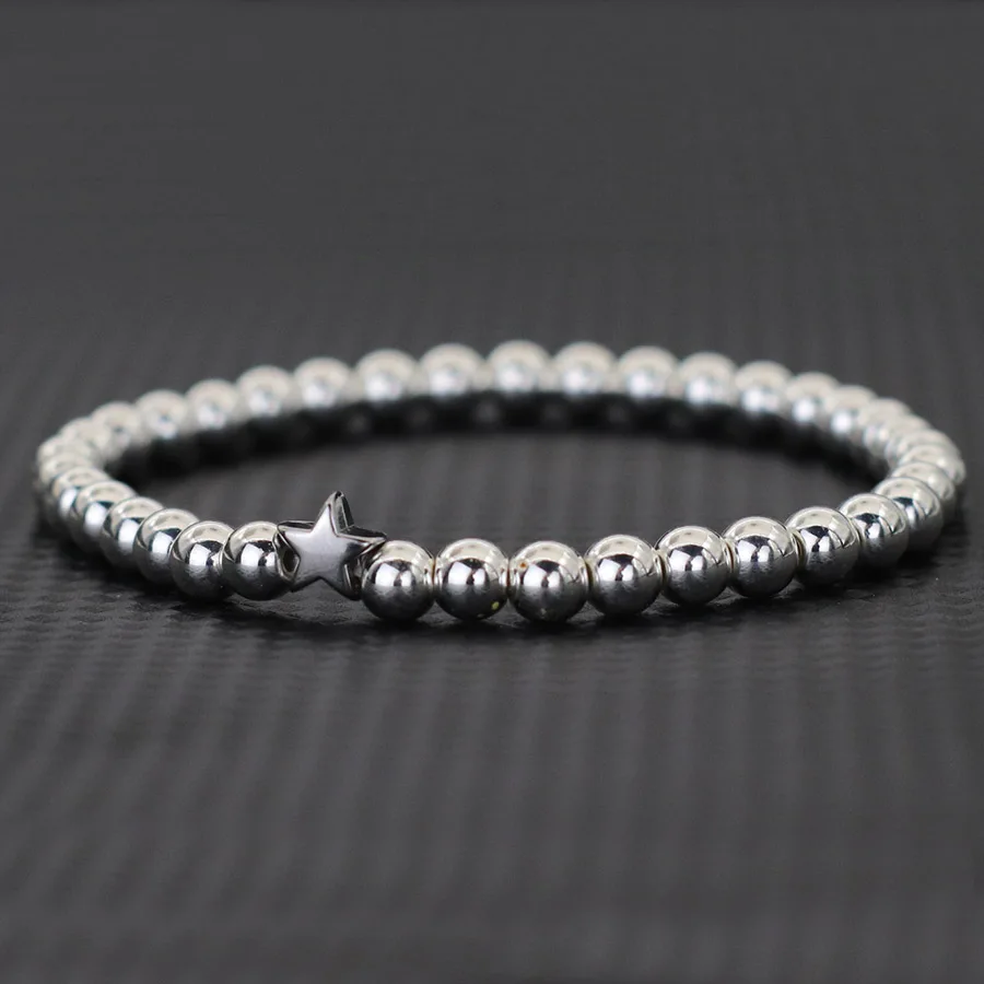 Women Beaded Stainless Steel Bracelet with Gold Silver Color Hematite Stone