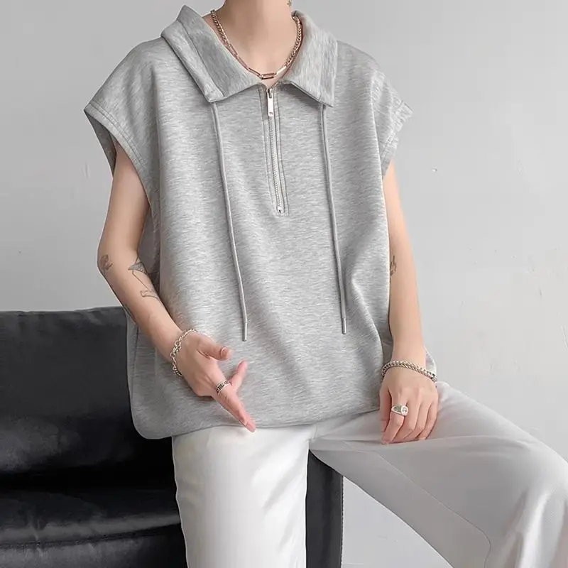 

Elegant Fashion Harajuku Slim Fit Ropa Hombre Loose Casual All Match Tshirts Solid Zipper Lapel Collar Sleeveless Tank Tops