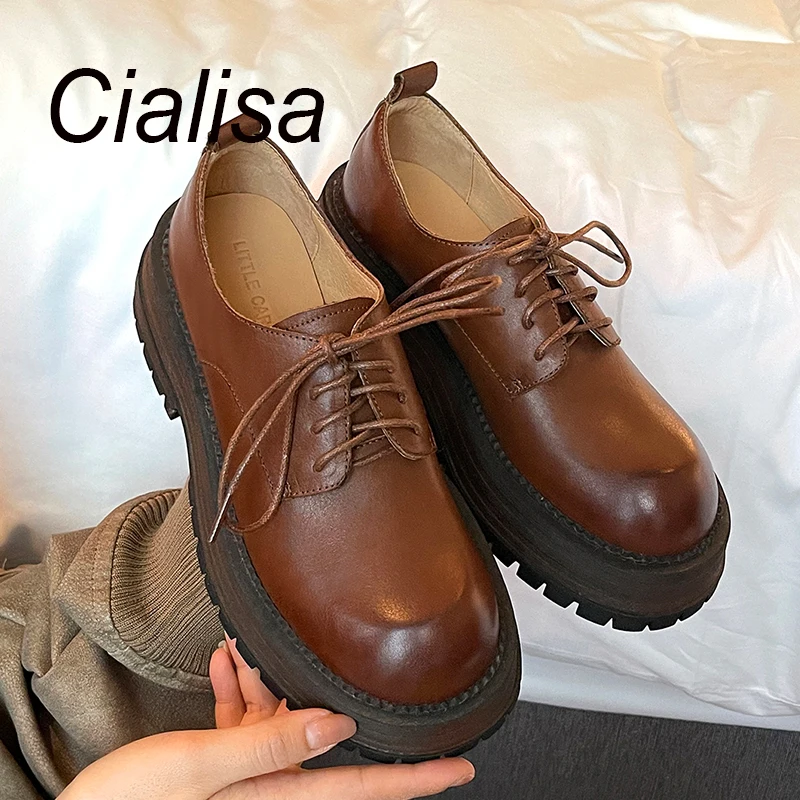 

Cialisa 2024 Spring Newest Platform Women Shoes Handmade Round Toe Brown Genuine Leather Mid Heels Daily Casual Loafers Sizes 40