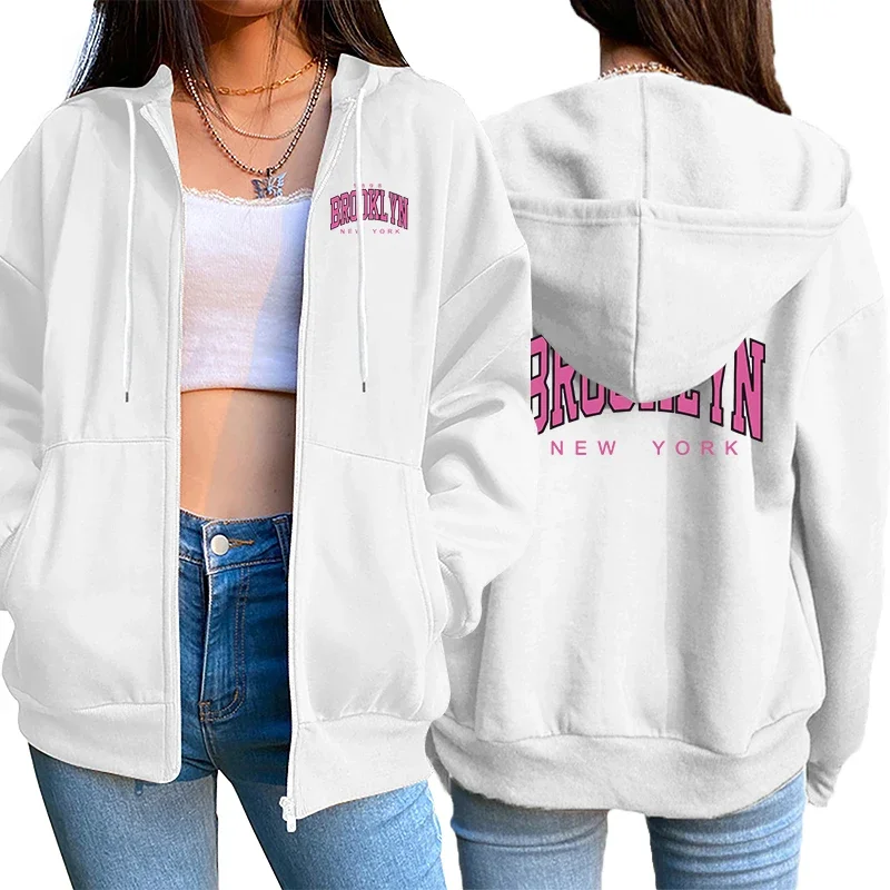 2025 New Trend Women's Long Sleeved Jackets High Quality Brooklyn Printed Zipper Hoodies Autumn Ladies Urban Casual Fashion Tops 3