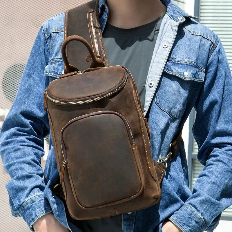 Genuine Leather Chest Bag for Men Outdoor Travel