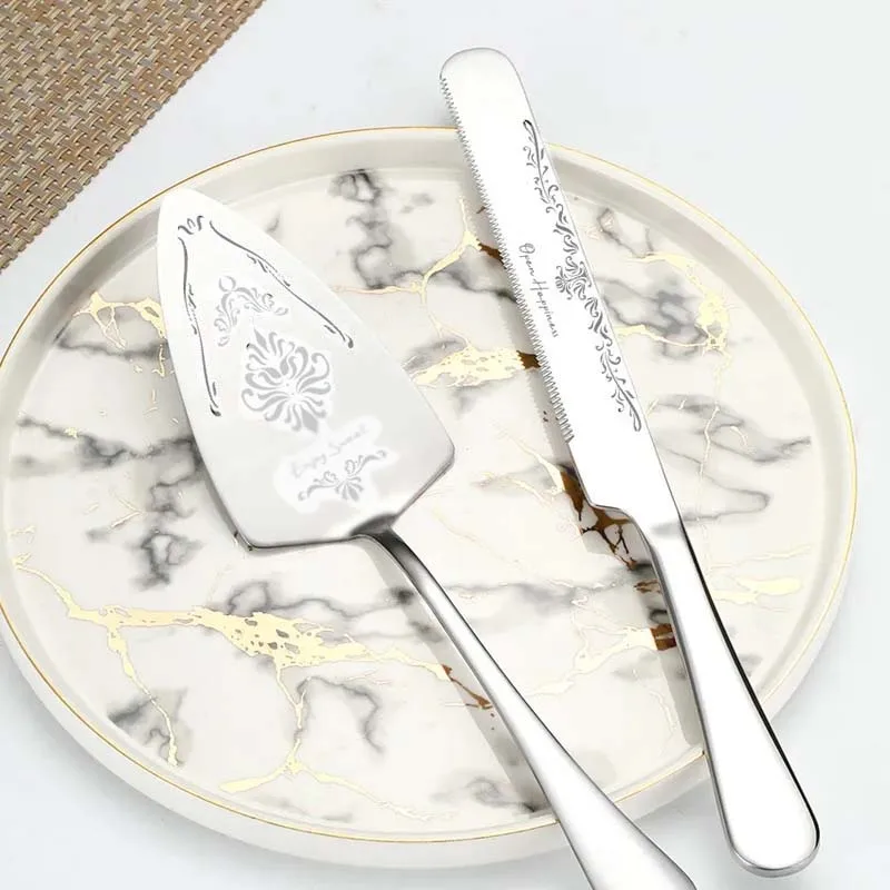 Stainless Steel Cake pi's Knife and Spatula Set Wedding Engagement Birthday 2 Piece Pattern Design