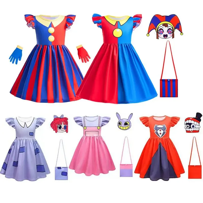 Children's Magical Digital Circus Dress Girls' Pamny Dress Clown Pomni Halloween Cosplay costumes Casual kids dresses for girls