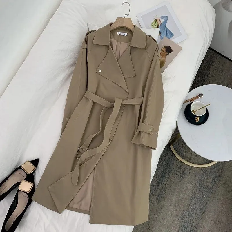 

Women Windbreaker Spring Autumn Elegant Mid-length Trench Lace Up Waist Lapel Overcoat Casual Long Sleeve Female Windproof Coat