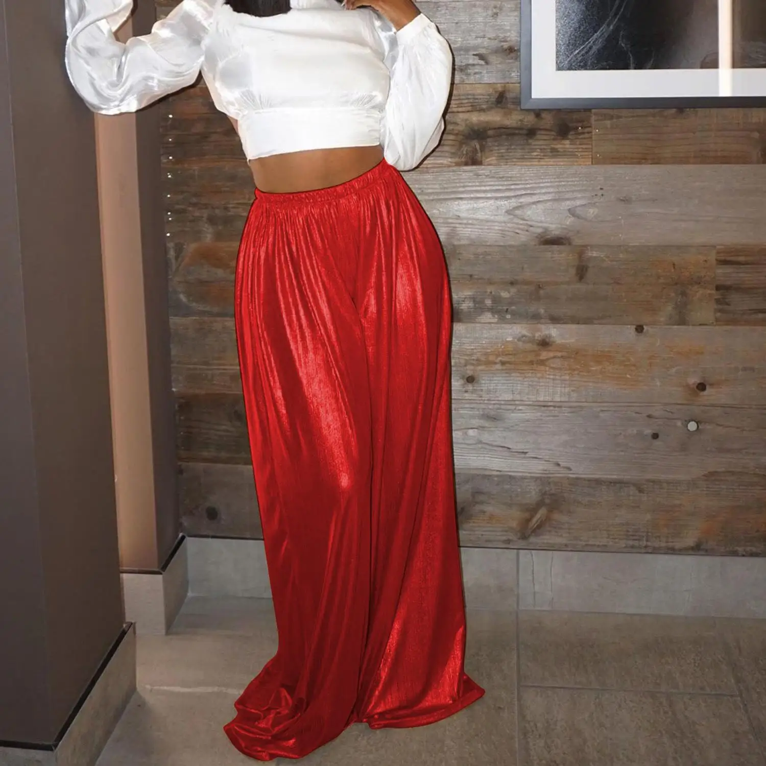 

Fashion Gilding Wide Leg Pants for Women Elastic High Waist Loose Casual Floor Length Trousers Female Party Bottom Clothing