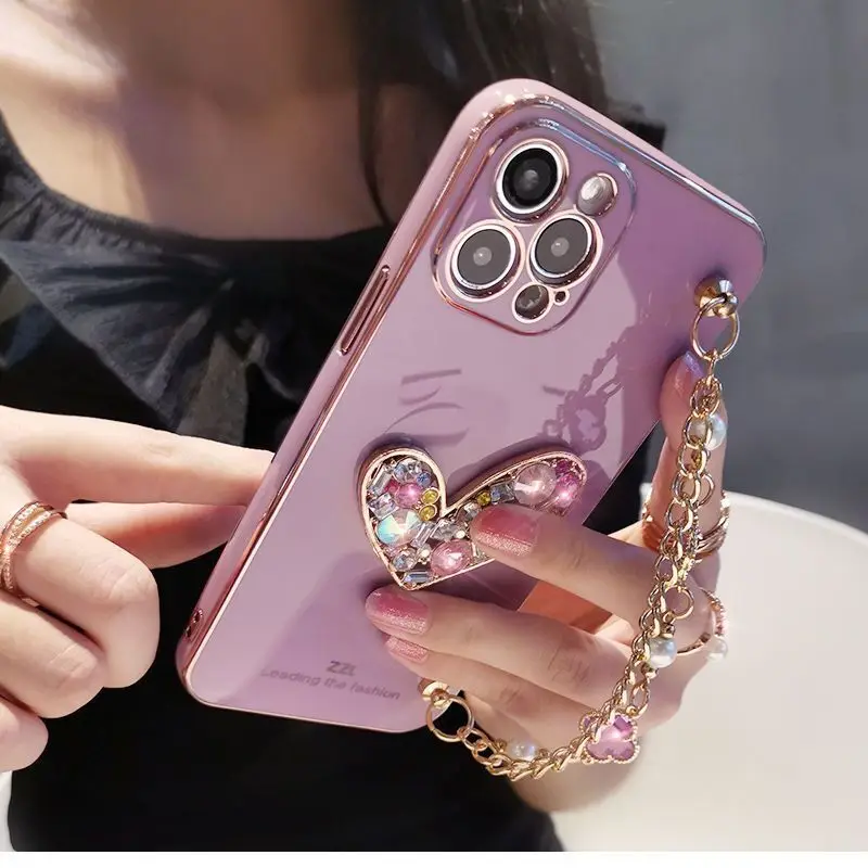 【with gift box】Leather case for iPhone 14 13 12 11 Pro Max Plus XS XR X  Phone Case Metal Wrist Chain