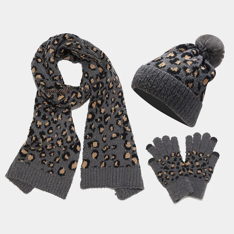 Knitted Hat Set Scarf Gloves Three Piece Set for Women Leopard Print Outdoor