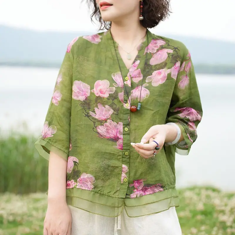 2023 Summer New Maternity Printed Fashion Shirt Ethnic Retro Style Cotton And Linen Pregnant Women's Shirt Maternity Top LF075 4