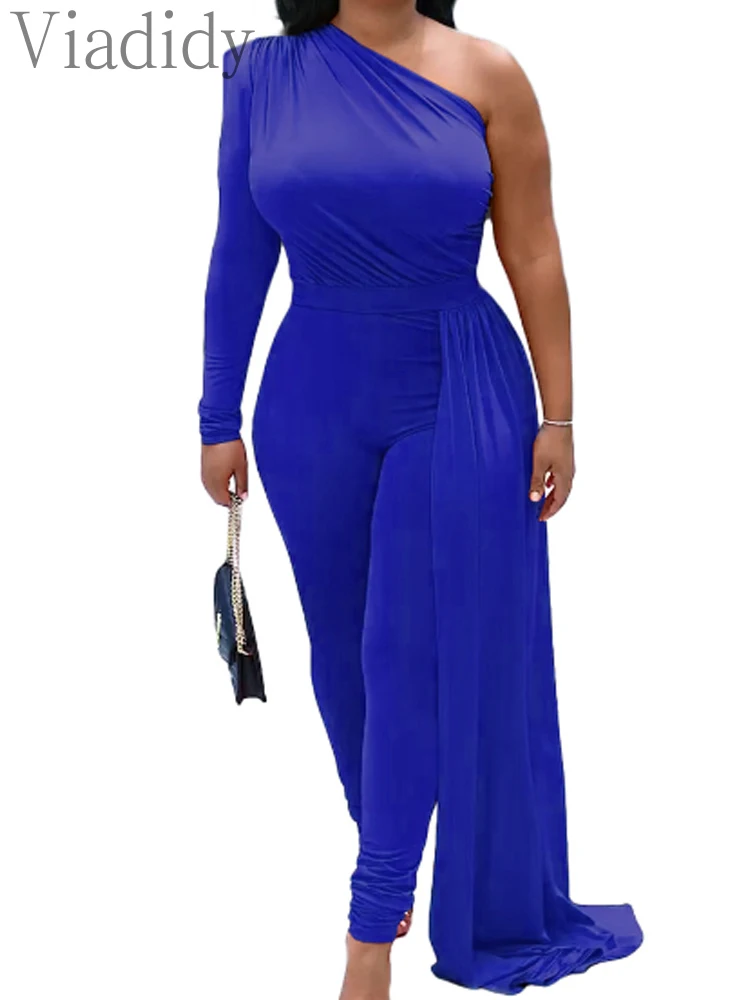 Red Puff Sleeve One Shoulder Long Sleeve Jumpsuits