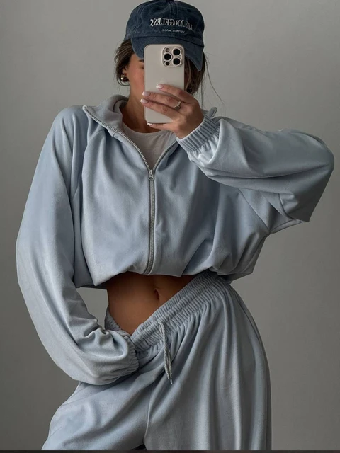Ensemble 2 pièces en velours pour femmes, pantalon décontracté, veste Cardigan à capuche avec fermeture éclair et pantalon ample, survêtement de Sport, automne hiver 1
