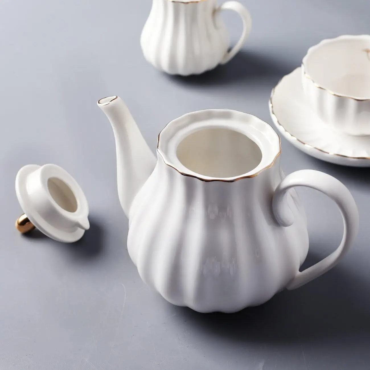 Porcelain Tea Sets British Royal Series, 8 OZ Cups& Saucer Service for 6, with Teapot Sugar Bowl Cream Pitcher Teaspoons