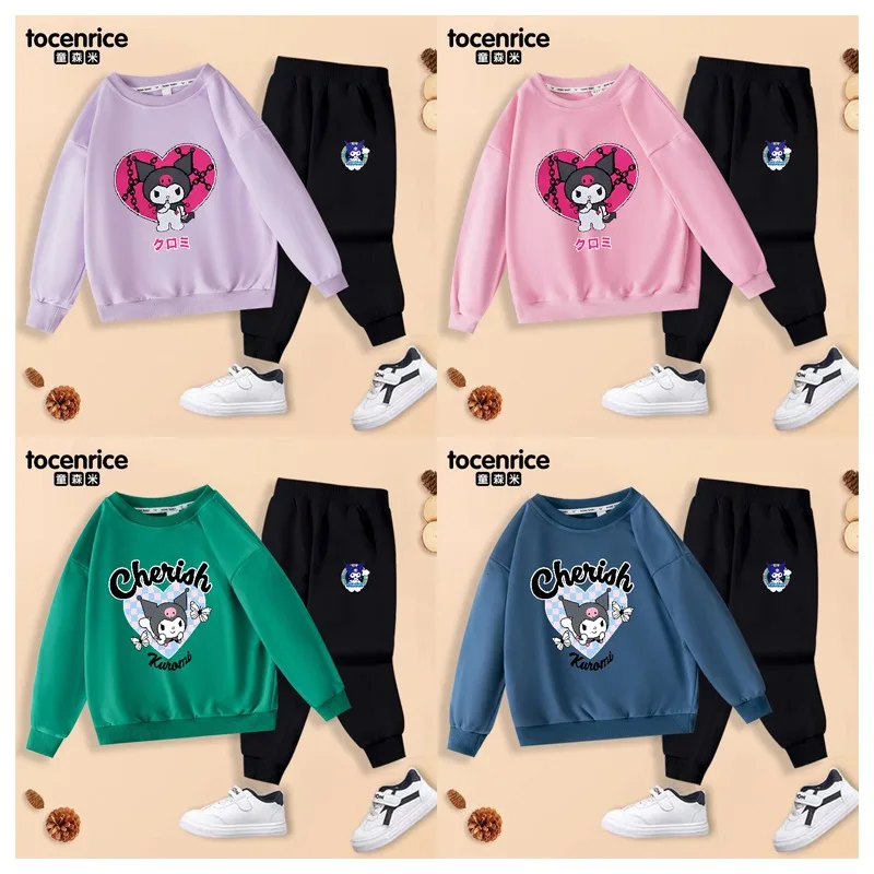 

Sanrioed милый мультфильм Kuromi детская модная спортивная одежда комплект из 2 частей кавайный осенний пуловер с длинным рукавом свитер повседневные брюки