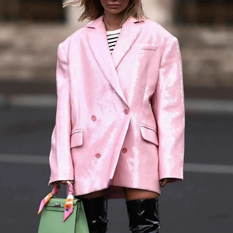

2023 Designer New Fashion Pink Jacket Women's Oversize Loose Style Sequined Double Breasted Long Blazer