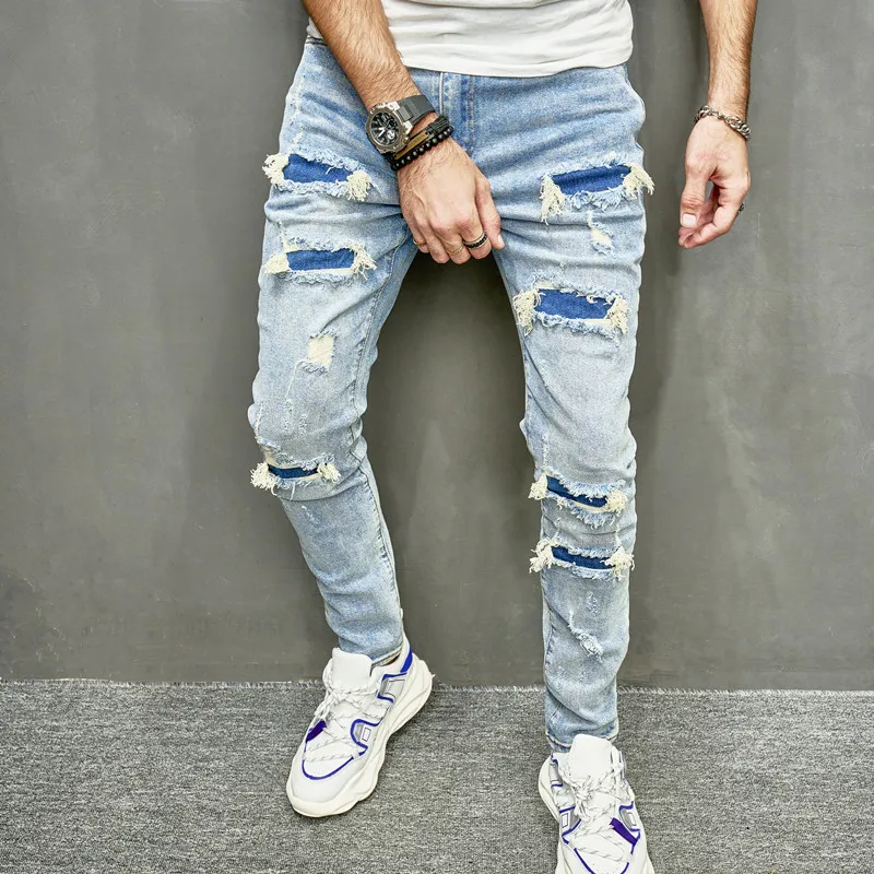 Street Stylish Men Holes Patch Skinny Pencil Jeans Men Jeans Ripped Jeans Ripped Patchwork Jeans Pants Male Ripped Solid Slim Denim Trousers For Men's