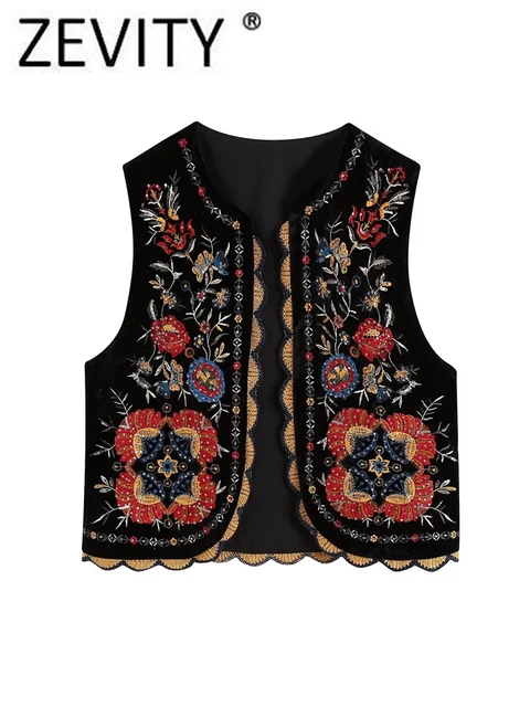 Zevity 女性ヴィンテージスパンコール花刺繍ベストジャケット 