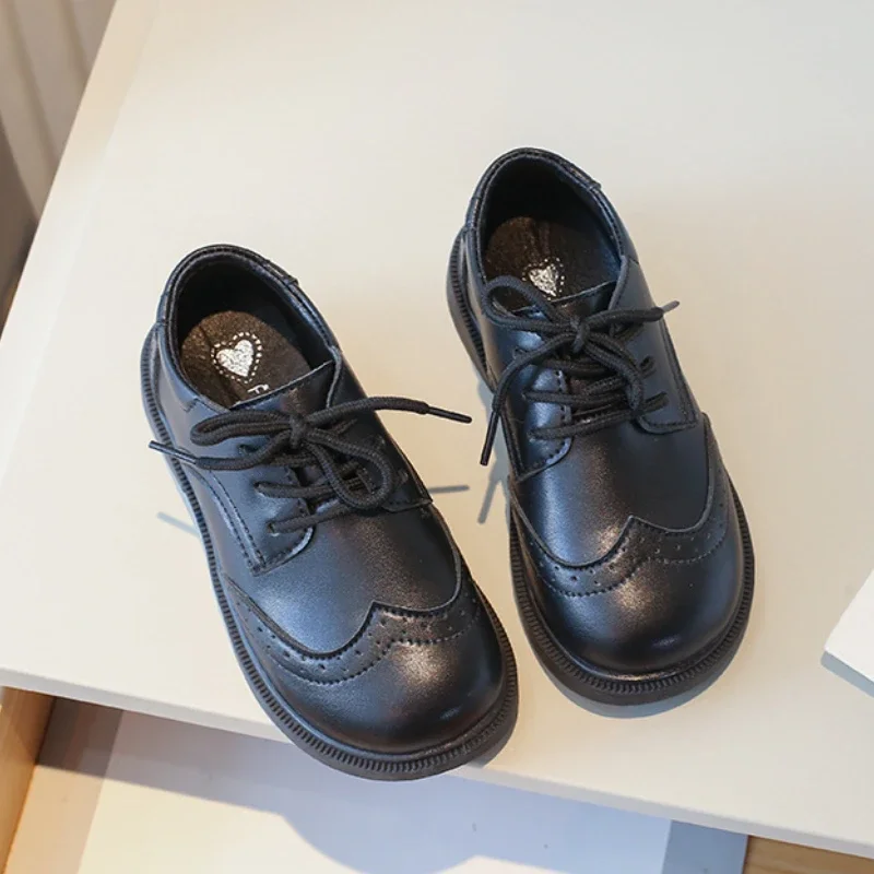 Leather Kids School Shoes Black Lace Up Breathable