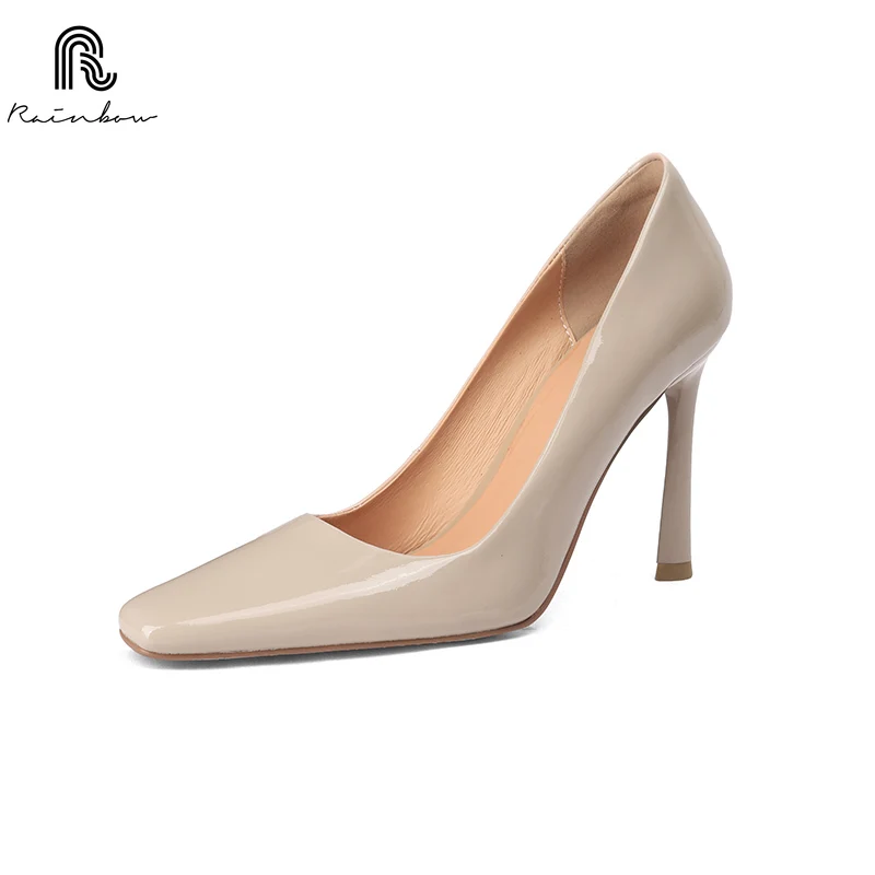 RAINBOW 33-40 Handmade Genuine Leather Shoes Trend Luxury Women Pumps Pointed square Toe High Heels Party Elegant Ladies Office 4