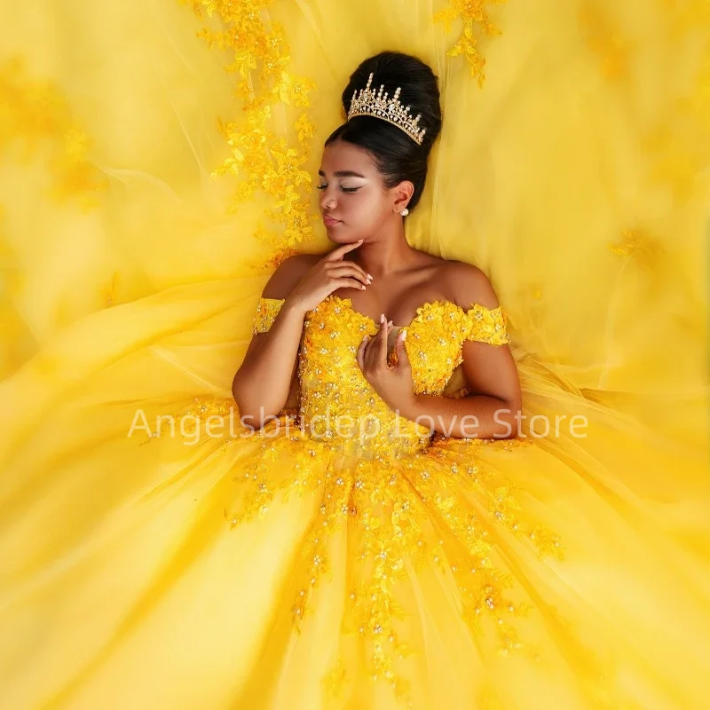 Angelsbride Shiny Yellow Ball Gown Quinceanera Dresses Appliques Evening Beading Dress Vestido De 15 Quincea&ntilde;era