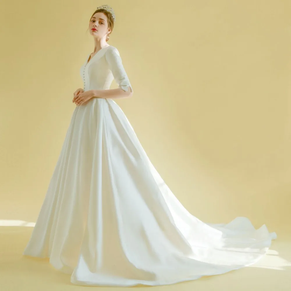 

Атласное длинное свадебное платье А-силуэта, с V-образным вырезом, рукавом до локтя, платье невесты на молнии сзади, элегантное платье-макси для невесты, TT443