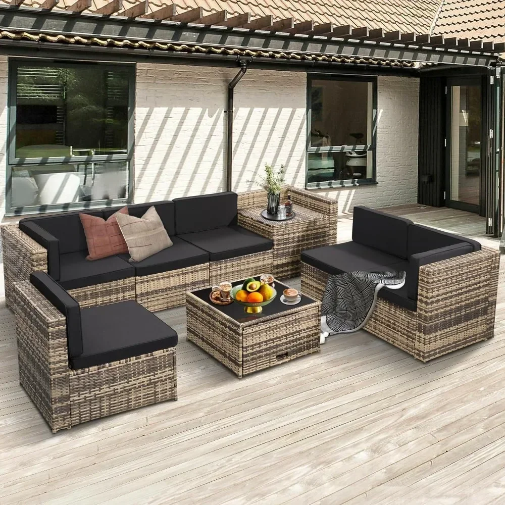 Rattan Patio Furniture Sectional Glass Top Table with Hidden Storage, Natural Rattan with Black Cushion, Outdoor Furniture set