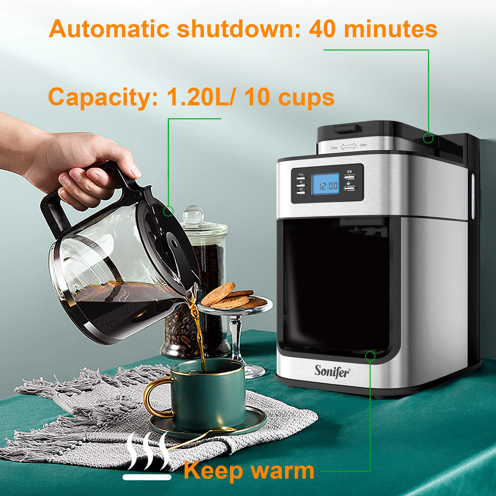 2 In1 Drip Coffee Machine Apply To Ground&Beans Home Appliances Dripping Coffee Maker With Digital Display&keep Warm Sonifer