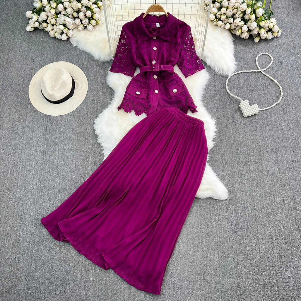 

Solid Color Pleated Sets Two Pieces High Waisted for Women Y2K Vintage Korean Button Office Lady A Line Fashion Women's Skirts