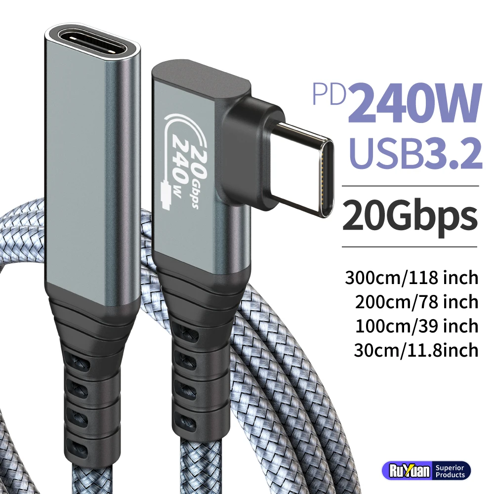 240W USB3.2 연장 케이블 20GBPS 고속 데이터 전송 빠른 충전 및 장치..