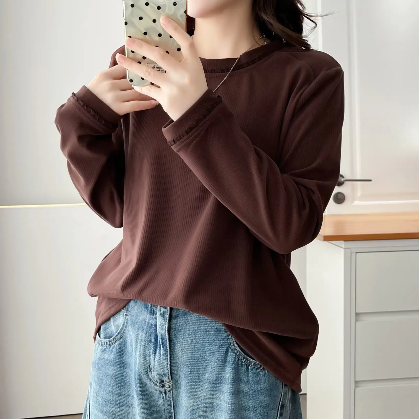 XXXXL Fashion Plus Size Women's T-Shirt Autumn And Winter New Design Style Lace Patchwork Long Sleeved Warm Tops 652