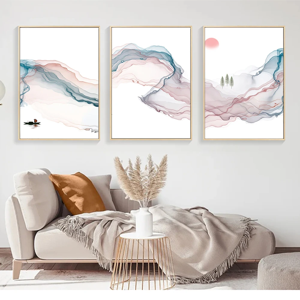 

Nordic Neutral Gallery Posters And Prints Blue Pink Watercolour Mountain Painting Wall Art Canvas Wall Pictures Living Room Deco