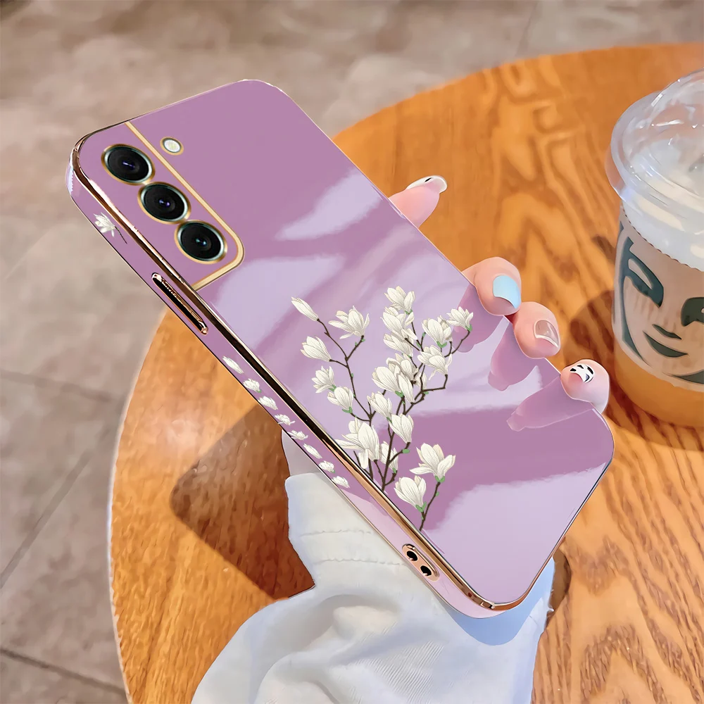 Custodia Per Telefono In Tpu Con Cordino Per Samsung Galaxy S23 Plus 5G S22 Ultra S21 Fe S20 S10 Magnolia Flower Square Edge Pattern Shell Placcato