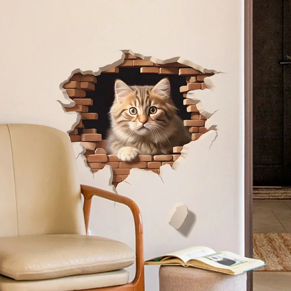 3D Cats Wall Sticker Hole View Bathroom Living Room Decoration Home Decor Animal Vinyl Decals Art Poster Cute Toilet Stickers wall stickers wall sticker home decoration accessories