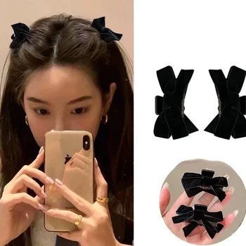 귀여운 블랙 레드 보우 작은 헤어 집게 클립, 공주 벨벳 보우 헤어 클립 클램프, 여아 헤드웨어, 한국 헤어 스타일링 도구