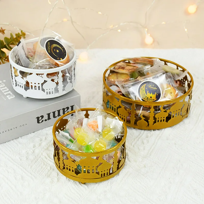 3pcs Eid Metal Storage Tray Ramadan Round White Gold Candy Snack Biscuit Muslim Islamic Party Decoration Supplies |