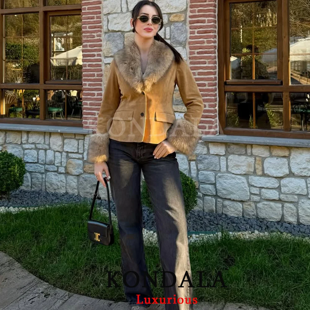 KONDALA Vintage Pelz-Wildleder-Jacken für Damen, langärmelig, V-Ausschnitt, Knöpfe, schmale Mäntel, modisch, 2026, Herbst, Frühling, lässig, schick, Khaki-Mantel