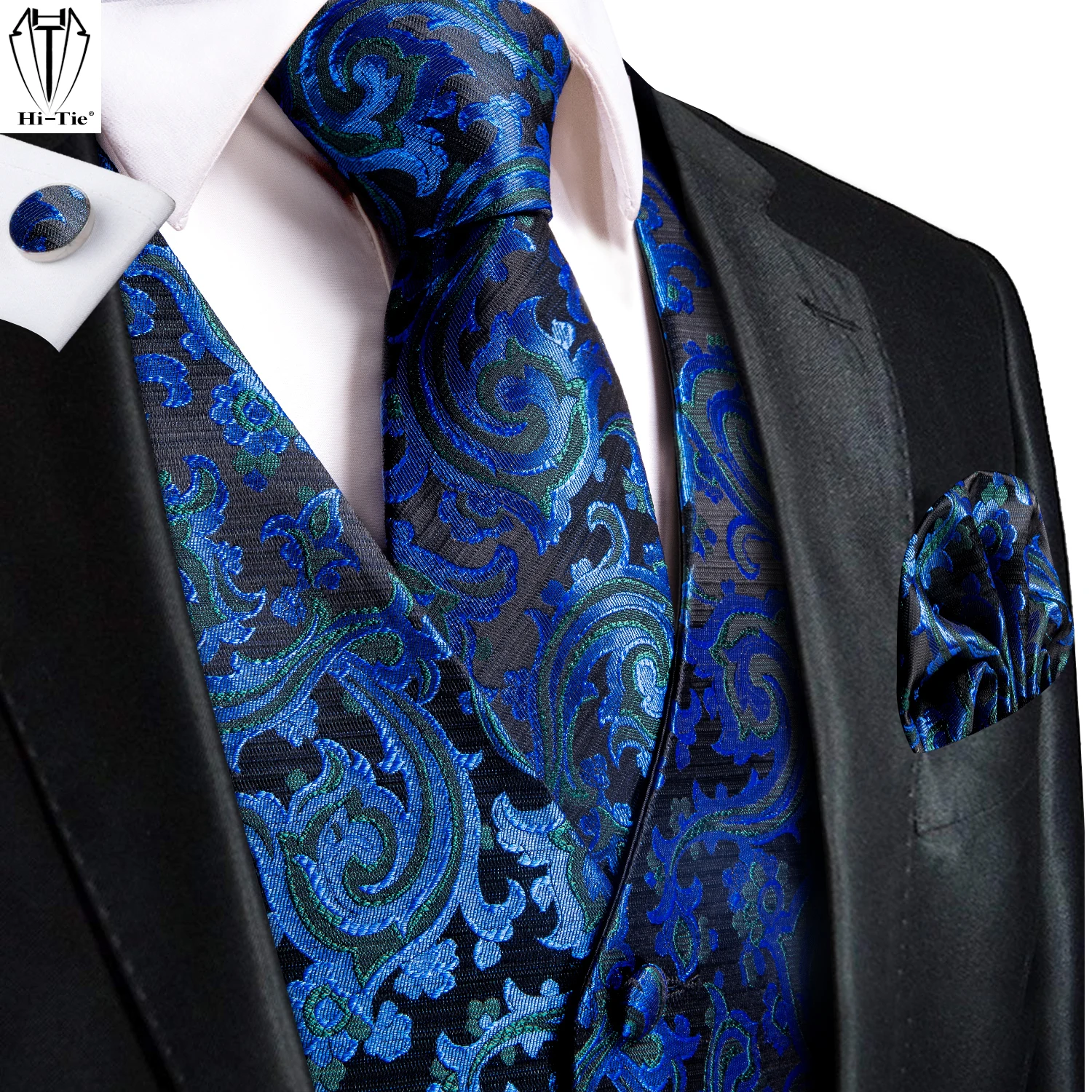 Hi-Tie Jacquard Silk Mens Waistcoat Tie Hanky Cufflinks Set Sleeveless Jacket Necktie Dress Vintage Vest Wedding Business Gift