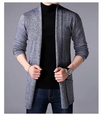 thumbnail image 1 of Suéter de lana de estilo largo para hombre, suéter de punto extra largo, chaquetas, suéter de color sólido, cárdigan de punto para hombre, 1 of 5