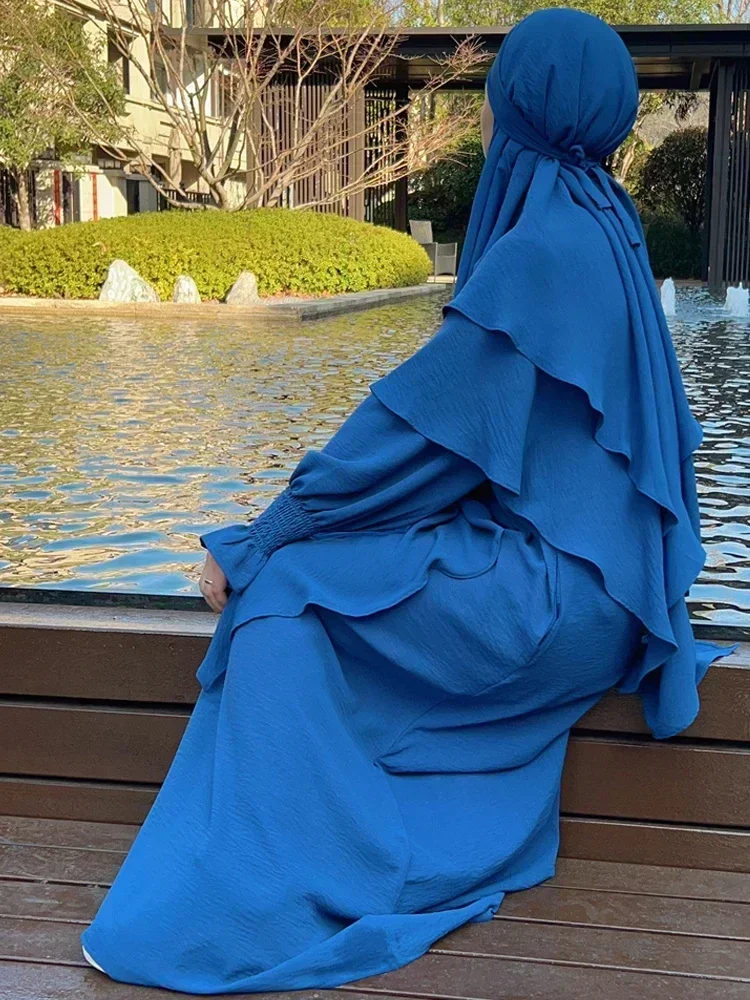 Ramadan Eid Hooded Abaya Jilbab 2 Piece Set Muslim Prayer Outfit Jilbabs for Women Long Khimar Hijab Dress Islamic Niqab Burka
