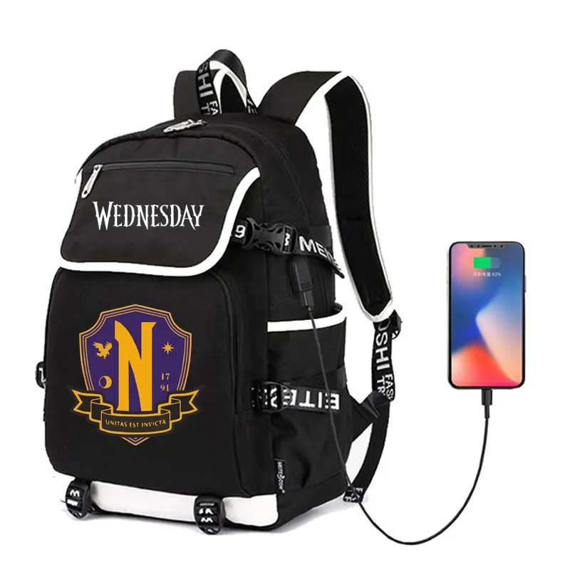 

USB Charging Travel Outdoor Backpack Wednesday Addams Print Student Durable Schoolbag Large Capacity Laptop Youth Daypack