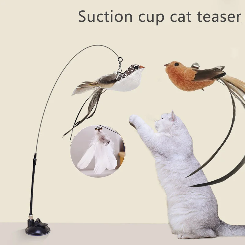 Simulation Bird interactive Cat Toy with Suction Cup Funny Feather Bird Cat  Stick Toy Kitten Play Chase Wand Toy Cat Supplies