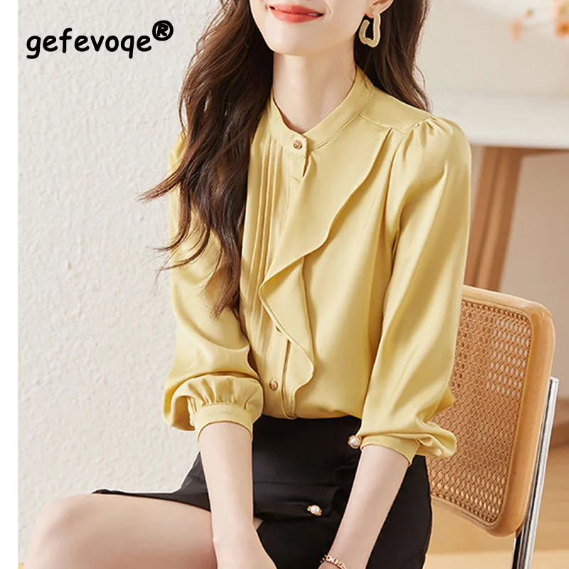 2023 Spring Long Sleeve Tops New Stand Collar Single Breasted Ladies Clothes Solid Color Ruffle Edge Chiffon Shirt