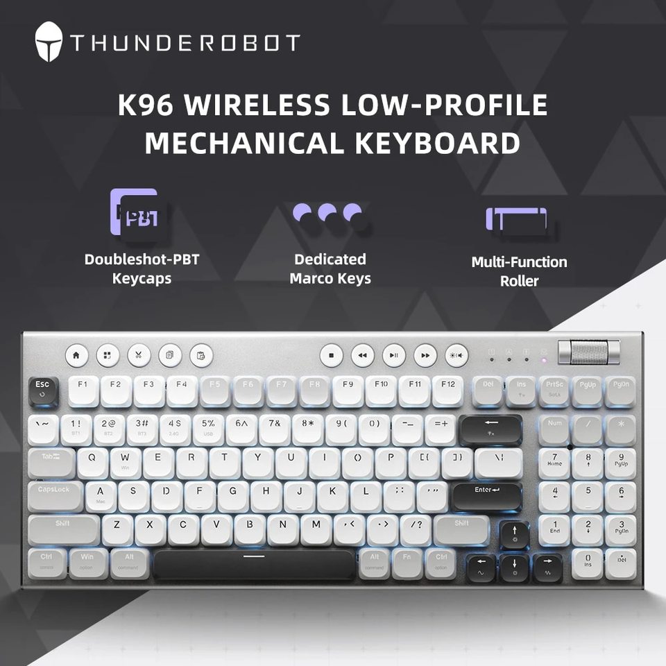 THUNDEROBOT K96 Wireless Mechanical Keyboard Low-profile Productivity Keyboard 98 Keys with Roller Marco Keys PBT Keycaps For PC