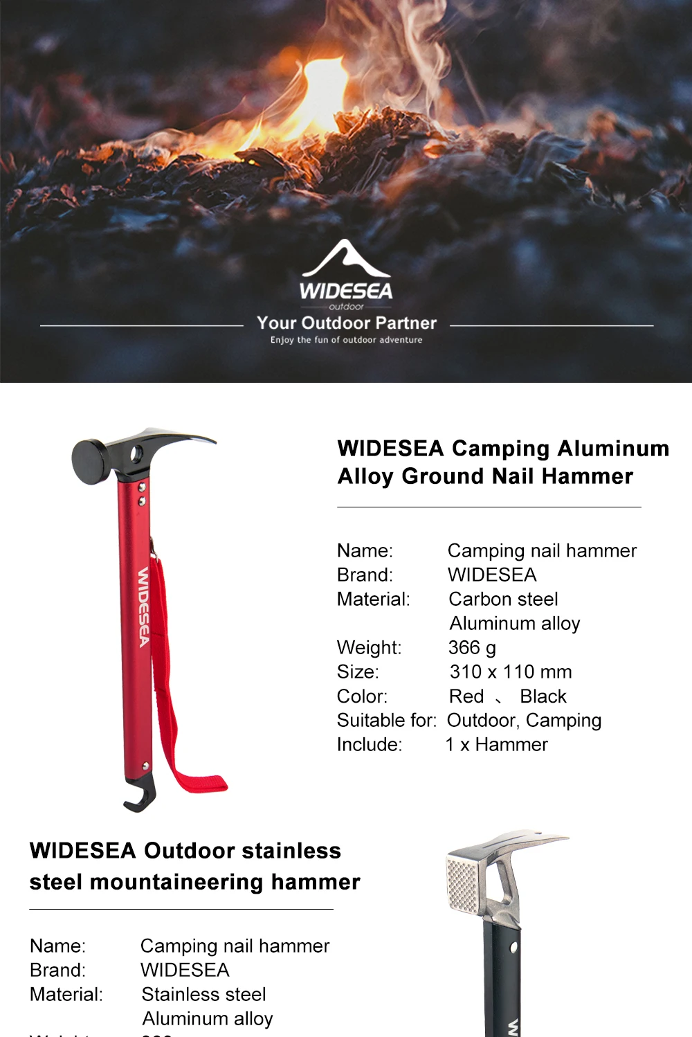 Description Picture 2 of itemWidesea Camping Hammer Stainless Steel Copper Outdoor Tent Peg Stake Mallet with Stake Puller Grond Nail Mountaineering Hiking