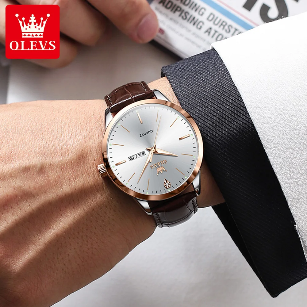 OLEVS 2935 Men Quartz Watch Dual Calendar Luminous Classic Business Watch For Men Fashion Original Waterproof Dress Wristwatch