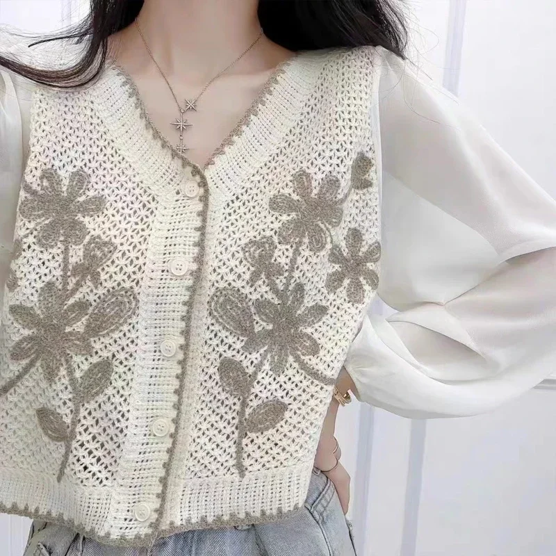 2024 New Women Casual V-Neck Button Down Cropped Cardigan Puff Long Sleeve Elegant Embroidery Floral for JACKET Cover Up Blouse