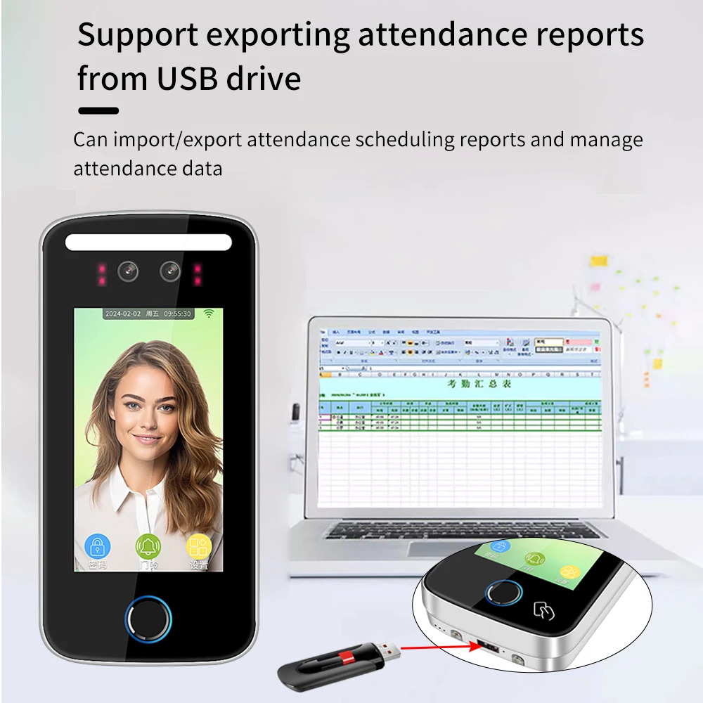 Tuya APP Wifi Facial Recognition Device TCP USB Staff Face Time Attendance for Office Building Property Construction