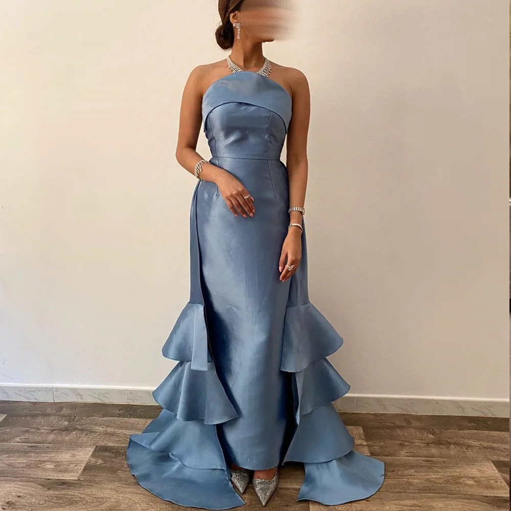 

Strapless Ruffle Prom Gown Backless Lace-up Sweep Train Party Dress Elegant A-line Pleat Evening Dresses فساتين للحفلات الراقصة