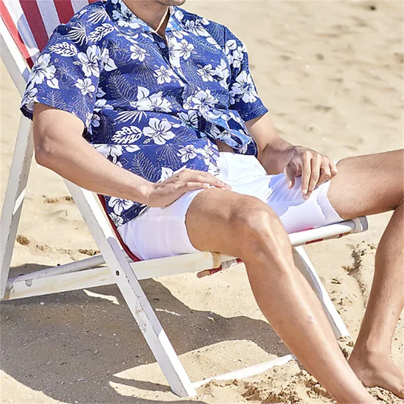 2023 loose breathable 3D printing men's shirt Hawaiian shirt button summer shirt beach blue/white short sleeve oversized 5XL 5