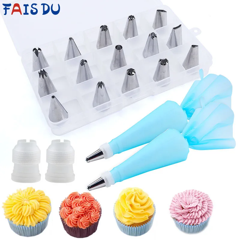19Pcs Cake Decorating Tools Pastry Bag Supplies Cupcake Baking Confectionery Sleeve Stainless Steel Case